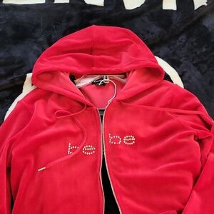 bebe Red Velour Hoodie with Rhinestone Logo